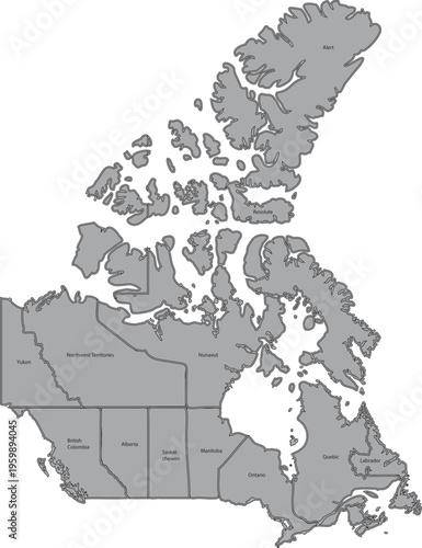 Detailed Map of Canada with Administrative Borders and Internal Regions in Grey Layout