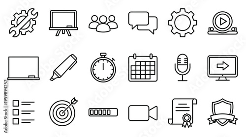 Set of 20 Black Outline Business and Education Icons Vector