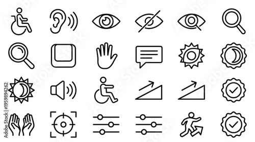 Set of 27 Black Line Accessibility User Interface Icons Vector