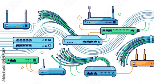 Network infrastructure with routers and switches connected by cables