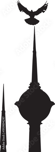 Elegant silhouette of a clock tower with a soaring eagle at its pinnacle. isolated on white background, Vector