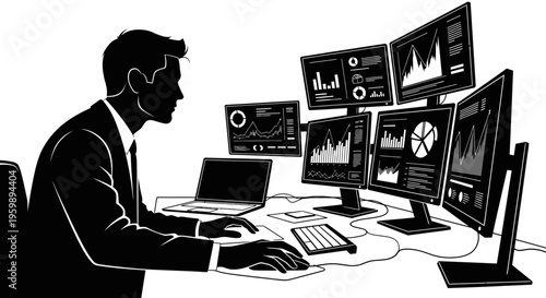 Trader analyzing stock market charts on multiple computer screens in a modern office