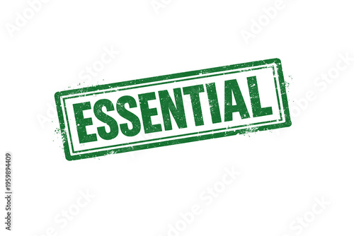 A green stamp with the word 'essential' on a black background on transparent background