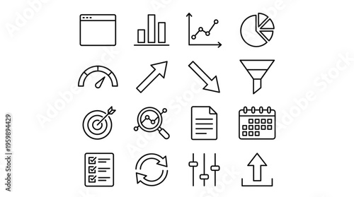 Set of 16 Black Outline SEO and Marketing Business Icons Vector