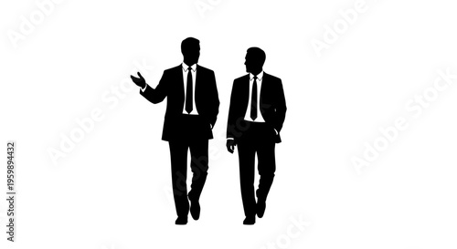 Two businessmen walking and talking, silhouette, business meeting, discussion, partnership