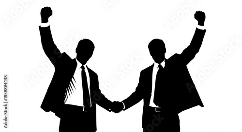 Two businessmen celebrating success with raised fists and handshake, silhouette
