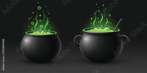 Halloween Witch Cauldron with Green Magic Potion Bubbles and Glowing Smoke Effect for Spooky Fantasy Designs Alchemy Concepts and Horror Illustrations