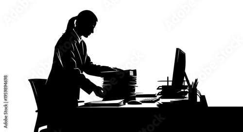 Silhouette of Woman Working Late at Desk with Stack of Papers and Computer