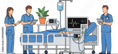 Vector illustration of hospital patient in bed surrounded by four medical professionals with heart monitor, IV drip, and clinical equipment representing healthcare teamwork.