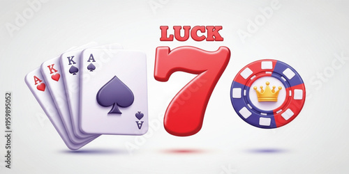 Lucky Seven Casino Concept with Playing Cards Poker Chip and Winning Number Symbol for Gambling Game Design Fortune Luck and Jackpot Illustration