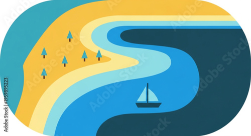 Stylized Coastal Scene with Sailboat and Trees Illustration.