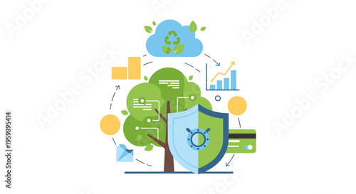 Green Finance and Sustainable Investment Security Concept. Tree with Shield, Recycle Cloud, Financial Growth Chart, and Secure Data Flow Illustration