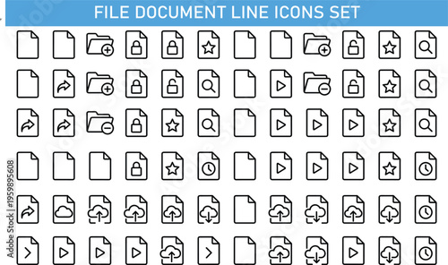 file document line icons set, folder management symbols collection, cloud storage outline vector, data file interface icons, document search lock upload signs