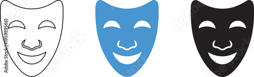 Three smiling theatrical masks in varying shades and outlines