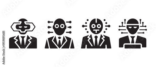 A collection of four minimalist icons representing cyborg professionals and artificial intelligence in business.