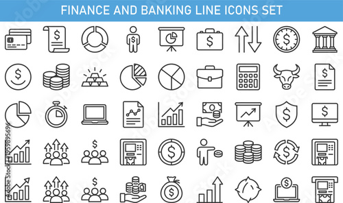 Finance and banking line icons set, money management, investment, stock market, accounting, financial growth, business analytics vector outline symbols