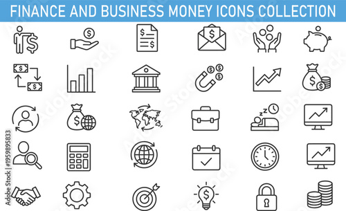 finance and business money icons collection, banking investment symbols, financial growth management line icons, economy payment savings vector outline set