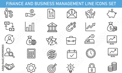 Finance and business management line icons set, money investment, banking, financial growth, profit analysis, savings, accounting vector outline symbol collection