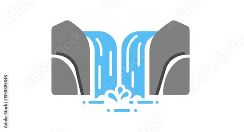 Stylized Waterfall Icon with Rocks and Splashing Water.