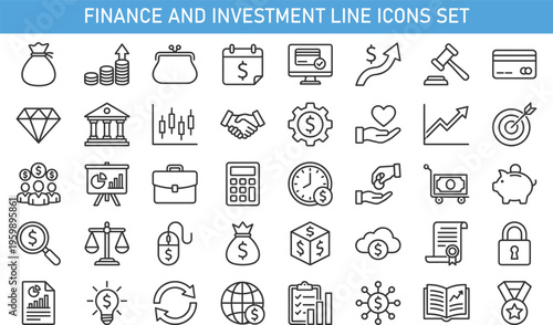 Finance and investment line icons set including money growth, banking, payment, profit analysis, savings, financial management, business investment vector illustration collection