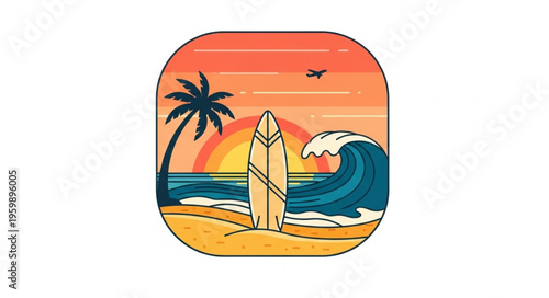 Surfboard on a Tropical Beach at Sunset Illustration.