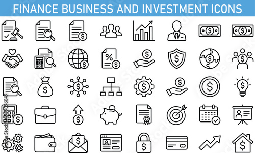finance business and investment icons collection, money management banking symbols, financial analytics growth line icons, corporate finance vector outline set