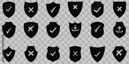 Shield security icon set, protection symbols, security icon with check mark and lock sign