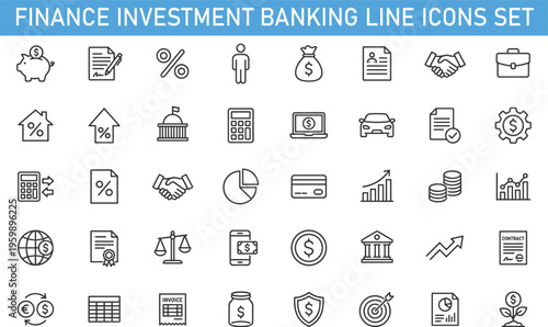 finance investment banking line icons set, money management payment economy business analytics vector outline collection for financial planning accounting and modern banking services