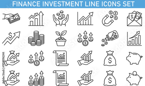 finance investment line icons set, money growth banking symbols collection, financial profit outline vector, savings investment icons, business finance thin line icons