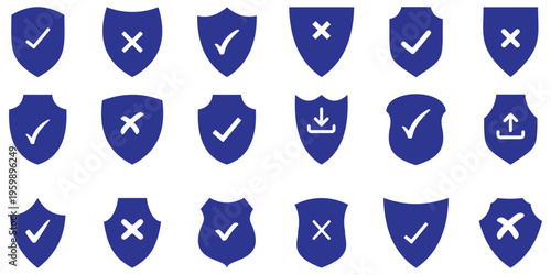 Shield security icon set, protection symbols, security icon with check mark and lock sign