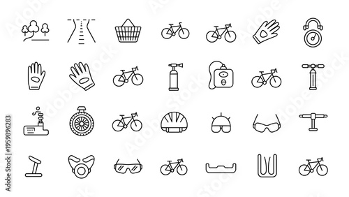 Vector illustration set of 30 bicycle-related icons: road bike, mountain bike, city bike, helmet, water bottle, bike lock, cycling shoes, handlebar, pedals, saddle, chain, bell. Clean linear style, un