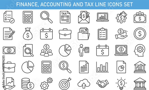 Finance, accounting and tax line icons set, banking, investment, money management, financial analytics, business growth vector outline symbols