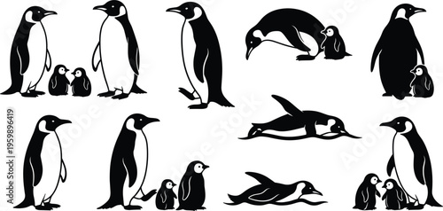Penguin Silhouette Set with Adult and Baby Penguins in Different Poses for Wildlife Animal Design Projects Nature Illustrations and Antarctic Theme Graphics