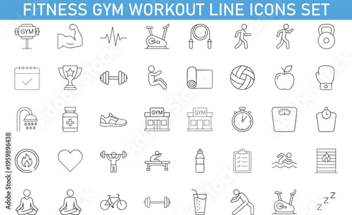 fitness gym workout line icons set, healthy lifestyle sport symbols collection, exercise training outline vector, wellness nutrition activity icons, modern thin line fitness icons