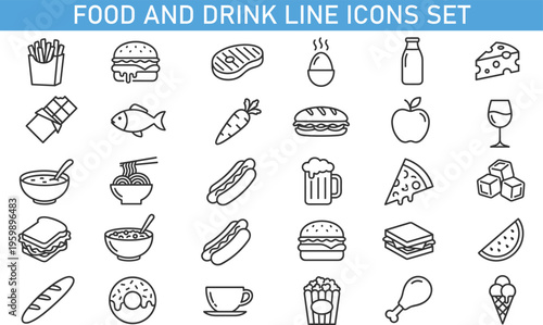 food and drink line icons set, fast food restaurant symbols collection, meal snack outline vector, beverage dessert cuisine icons, modern thin line food icons