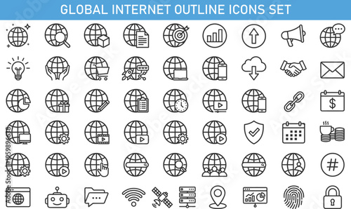 global internet outline icons set, worldwide network communication symbols collection, global digital technology vector icons, web connectivity infographic elements, international online service icons
