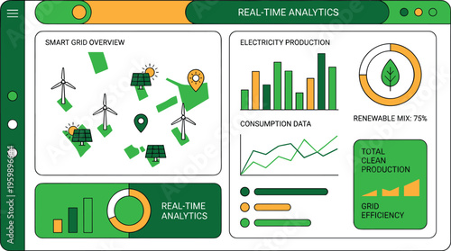 Smart grid renewable energy analytics dashboard vector illustration with electricity production consumption data real time monitoring interface