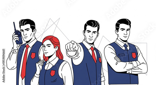 Team of professionals in uniform, pointing and communicating with confidence.