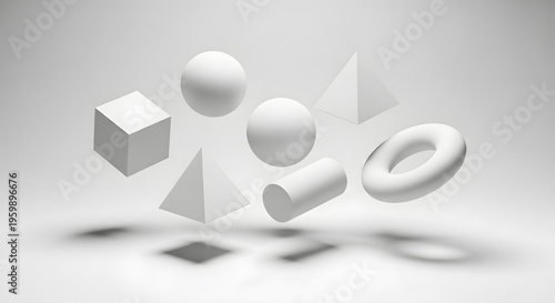 3d shapes floating in mid air with shadows on a gray background