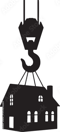 A crane lifting a small house with a hook attachment in a demolition or relocation scene isolated on white background, Vector