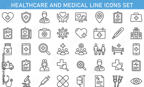 Healthcare and Medical Line Icons Set, Black Outline Vector Collection with Doctor, Hospital, Vaccine, First Aid, Diagnosis, Ambulance, Pharmacy, Health Care Symbols