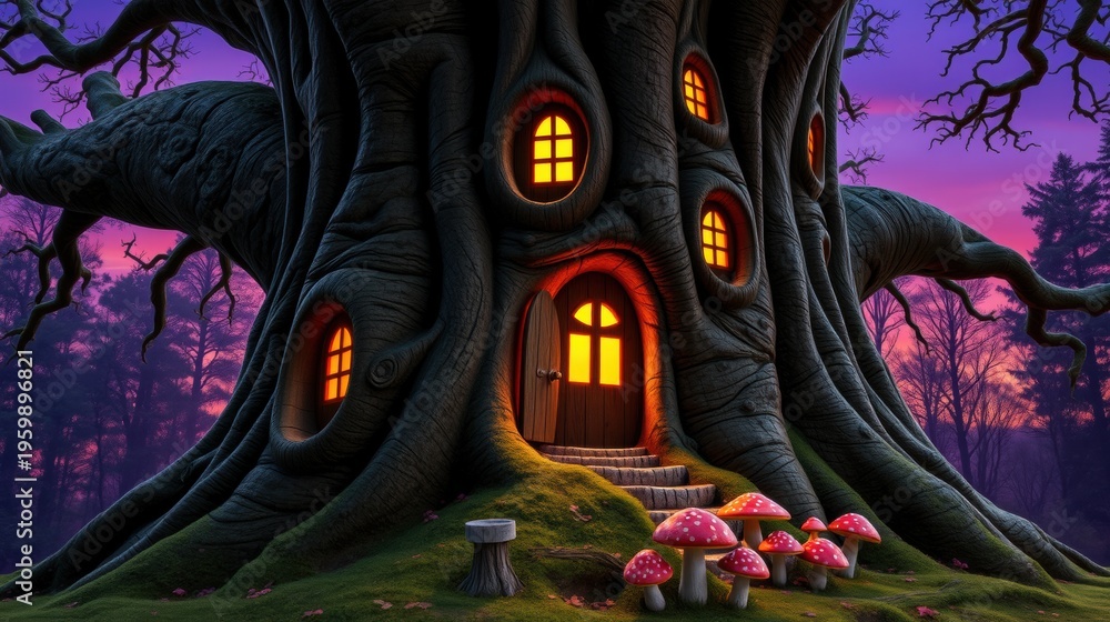 Fototapeta premium Magical tree house glows warmly. Forest surrounds structure, creating whimsical scene. Evening light adds dramatic effect.