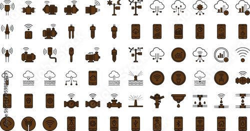 Smart irrigation and water management technology line icon set with sensors pipelines wireless monitoring systems