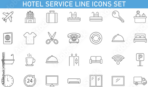 hotel service line icons set, travel hospitality symbols collection, airport luggage room service reception pool wifi parking icons, tourism hotel outline vector icon pack