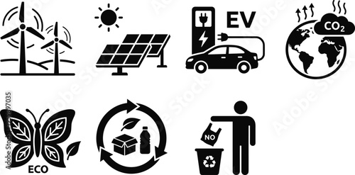 Renewable energy icons set, wind solar EV charging, recycling, eco butterfly, carbon emission reduction, sustainable environment, green technology concept