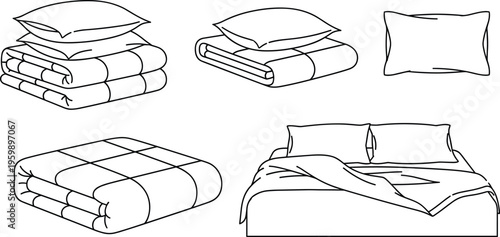 Black‑and‑white vector line drawing illustration of bedding items including folded comforters, stacked pillows, blankets, and a made bed with cushions and draped cover.