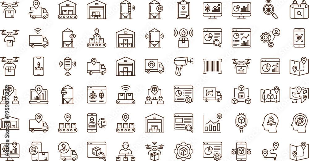 Obraz premium Smart logistics and supply chain technology line icon set with drones tracking analytics warehouse automation symbols