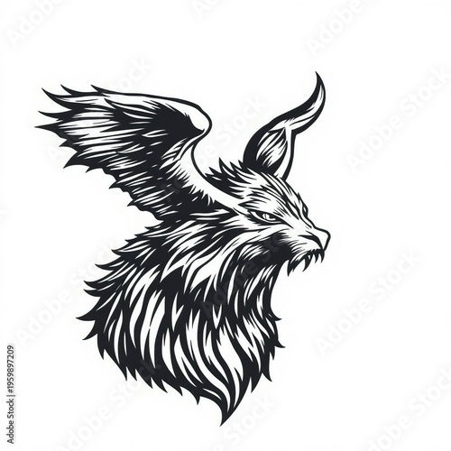 Fierce wolf head with eagle wings stylized illustration tribal tattoo art black