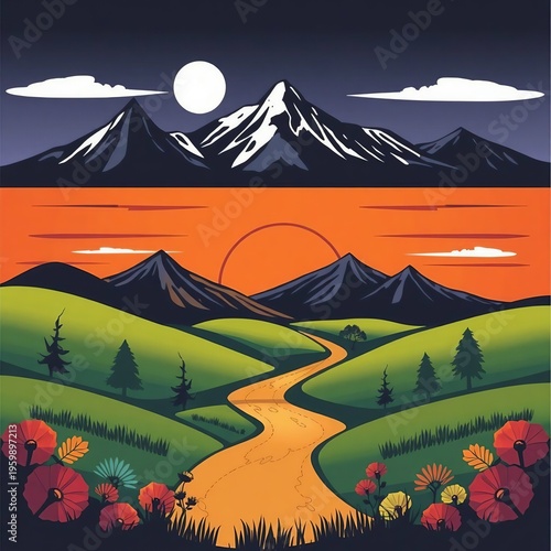 Vibrant mountain valley river at sunset with blooming flowers and starry sky above