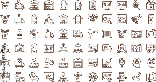 Smart logistics and supply chain technology line icon set with drones tracking analytics warehouse automation symbols